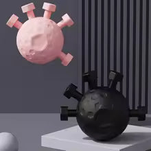 Pink coronavirus model and black bomb on a gray background